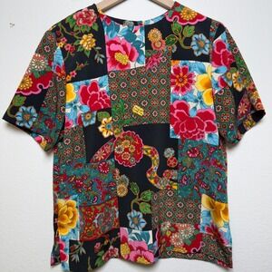 VTG‎ 80s Kingston Square Women Patchwork Top Medium Black Floral Paisley Artsy